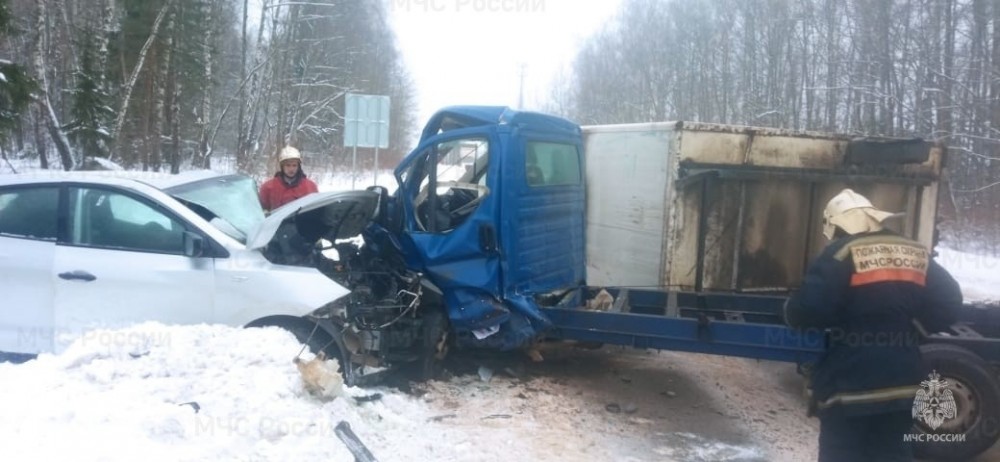 В Калужской области легковушку смяло с ДТП с грузовиком